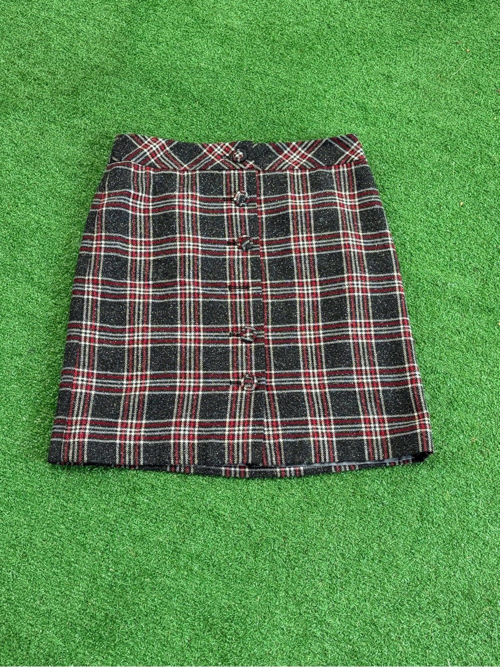 LOFT Black and Red Plaid Button-Front Mini Skirt
